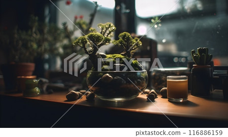 Magnificent terrarium ecosystem with vibrant plant life and reflective glass Magnificent terrarium ecosystem with vibrant plant life and reflective glass 116886159