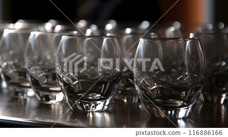 Neatly arranged glass beverages in a stylish dining room. 116886166