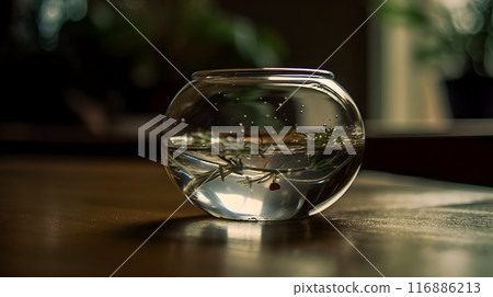 A round transparent aquarium for fish and aquatic plant or terrarium. An aquarium with half full of water. 116886213