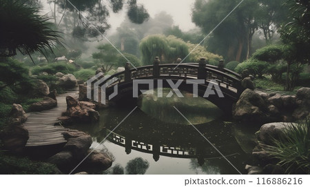Majestic bridge reflects in calm pond, surrounded by nature in the park. 116886216