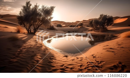 Morning reflection at the oasis water, serene landscape at the desert. 116886220