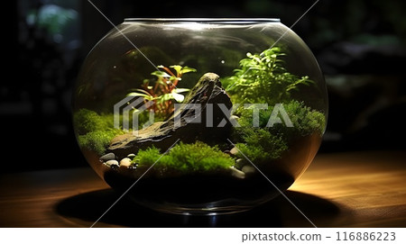 Magnificent terrarium ecosystem with vibrant plant life and reflective glass Magnificent terrarium ecosystem with vibrant plant life and reflective glass 116886223