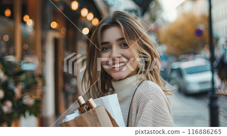 a young woman with a cheerful smile holding shopping bags while walking a young woman with a cheerful smile holding shopping bags while walking 116886265