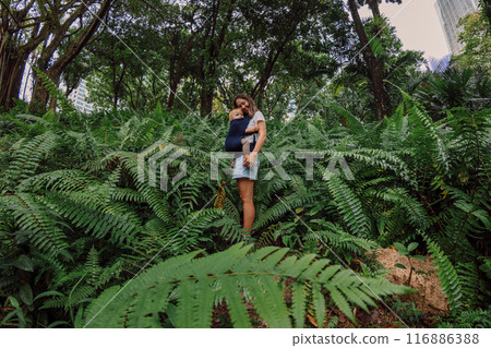 Portrait of Mother with her cute baby in park between fern leaves Portrait of Mother with her cute baby in park between fern leaves 116886388
