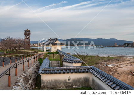 Wooden lighthouse tower by Matsuura river at Karatsu, Japan Wooden lighthouse tower by Matsuura river at Karatsu, Japan 116886419