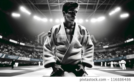 Judoka on the tatami. Final moment before a judo athlete steps onto the mat, capturing their determined look towards the competition area. Generative AI 116886486