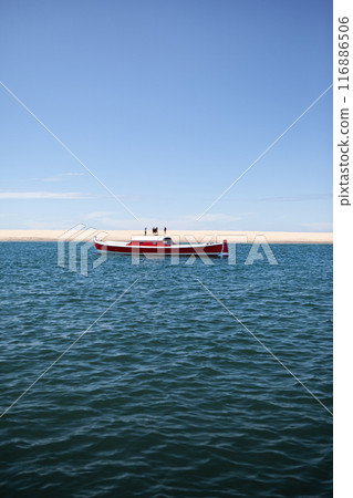 French pinasse boat near small Arcachon island French pinasse boat near small Arcachon island 116886506