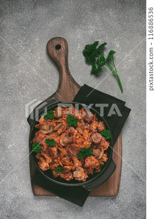 Bigos, bigus is a national Polish dish, made of cabbage and meat, stewed, homemade, no people, 116886536