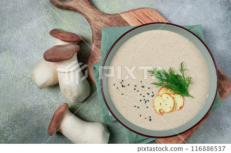 mushroom cream soup, with dill and bruschetta, mushroom eringi, 116886537