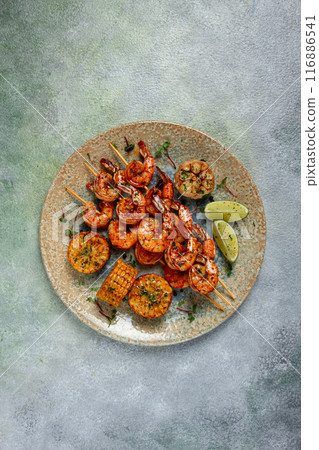 tiger prawns on skewers, shrimp kebab, with corn, fried, homemade, no people, tiger prawns on skewers, shrimp kebab, with corn, fried, homemade, no people, 116886541