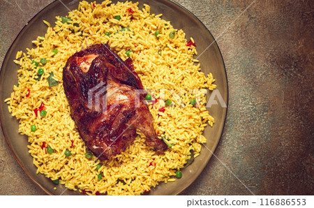 kabsa, rice with chicken, Saudi Arabian dish, national dish, homemade, no people, 116886553