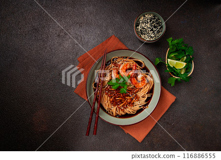 soba, buckwheat noodles, with shimeji mushrooms and tiger shrimps, homemade, no people, soba, buckwheat noodles, with shimeji mushrooms and tiger shrimps, homemade, no people, 116886555
