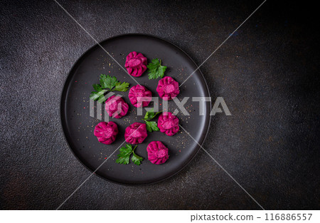beetroot khinkali, mini khinkali, purple, Georgian cuisine, no people, 116886557