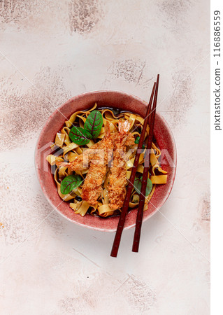 Udon noodles with shrimp in tempura, Japanese cuisine, homemade, no people, 116886559