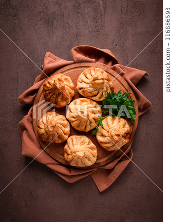 Deep-fried khinkali, khinkali with meat, traditional Georgian dish, no people, Deep-fried khinkali, khinkali with meat, traditional Georgian dish, no people, 116886593