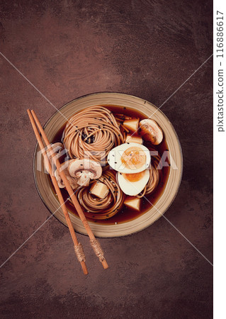 Asian soba soup, with mushrooms and egg, cheese, sesame seeds, homemade, no people, Asian soba soup, with mushrooms and egg, cheese, sesame seeds, homemade, no people, 116886617