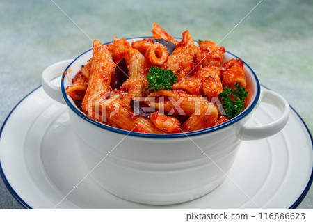 Penne pasta, with shrimp in tomato sauce, close-up, no people, Penne pasta, with shrimp in tomato sauce, close-up, no people, 116886623