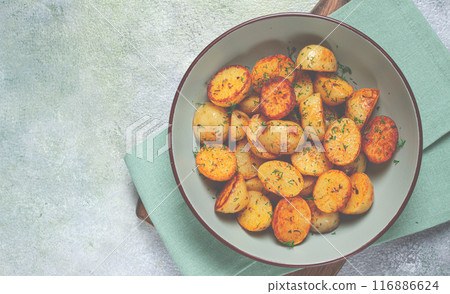 Baked new potatoes, with butter and dill, homemade, no people, Baked new potatoes, with butter and dill, homemade, no people, 116886624