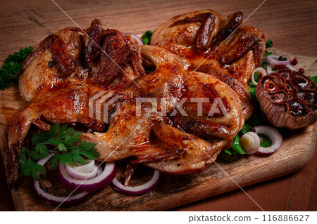 fried, quail meat, tobacco (tapaka), with spices, homemade, no people, fried, quail meat, tobacco (tapaka), with spices, homemade, no people, 116886627