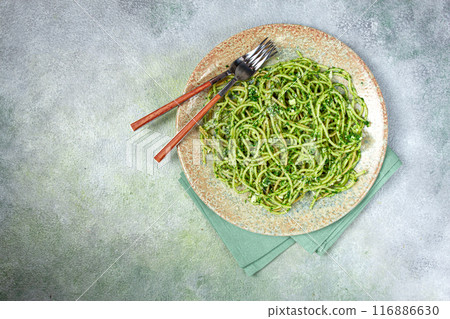 spaghetti with pesto sauce, homemade, no people, spaghetti with pesto sauce, homemade, no people, 116886630