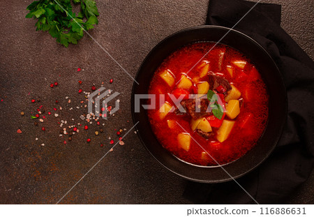 meat goulash, with potatoes and carrots, sweet pepper, traditional Hungarian soup, homemade, no people, meat goulash, with potatoes and carrots, sweet pepper, traditional Hungarian soup, homemade, no people, 116886631