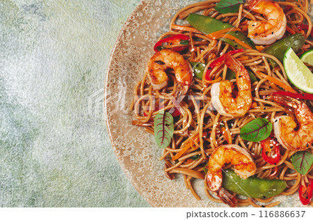 fried udon noodles with shrimp and vegetables, Asian cuisine, homemade, no people, 116886637