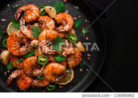 Fried shrimp, headless, with spices, grilled, homemade, no people, 116886662