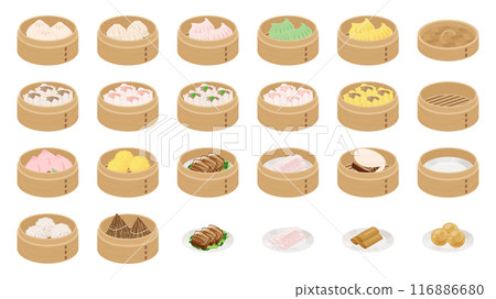 Illustration material set of dim sum in a bamboo steamer Illustration material set of dim sum in a bamboo steamer 116886680
