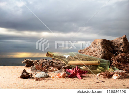 Message in a vintage bottle on a sea shore. 116886898
