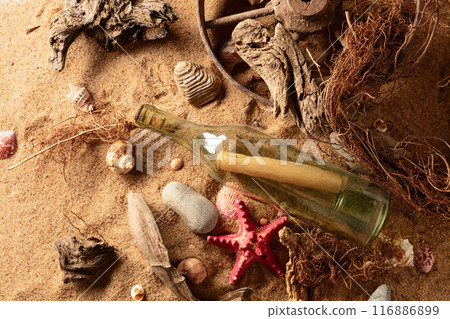 Message in a vintage bottle on a sea shore. Message in a vintage bottle on a sea shore. 116886899