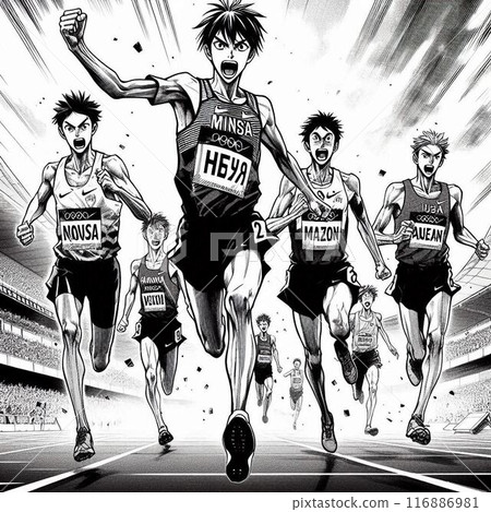 贏得一場勢均力敵的比賽的田徑運動員 贏得一場勢均力敵的比賽的田徑運動員 116886981