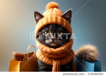 cute cat in a warm hat with shopping bags, autumn sales 116886992