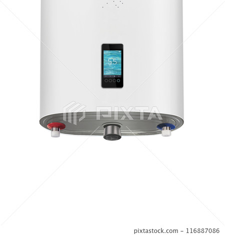 Close-up modern tanked boiler in bathroom. Household smart water heater hanging on the wall in boiler room. Common electric storage tank water heater. Energy-efficient home heating system on white 116887086