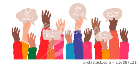 Concept of useful tips. Hands raised up holding speech bubbles with text Did you know, interesting fact, useful knowledge or wisdom, expert information, explanation or solution 116887121