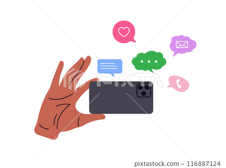 Social media. Hands hold a phone with icons notified in the form of a like, message, comment above the smartphone screen. 116887124
