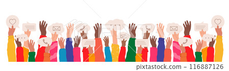 Diverse hands holding speech bubbles of online communication, networking, social media, web community. Digital communication concept 116887126
