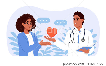 Young smiling doctor holding a heart. A doctor gives support and care to an elderly woman. World Patient Safety Day. Vector flat illustration 116887127