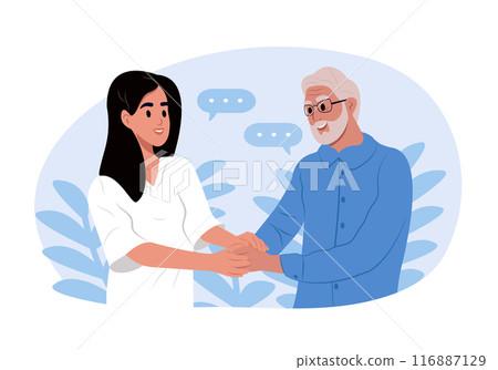A nurse takes care of an elderly man. Nurse holding hands with patient in empathy, trust and support of help. Young caregiver helping senior man walking. A nurse takes care of an elderly man. Nurse holding hands with patient in empathy, trust and support of help. Young caregiver helping senior man walking. 116887129
