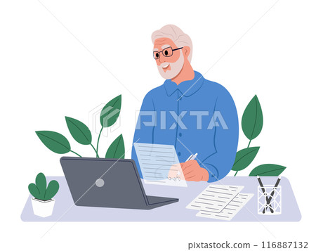An elderly male businessman runs an online business. A man signs electronic documents receiving via the Internet, web service, technology. Vector flat illustration 116887132