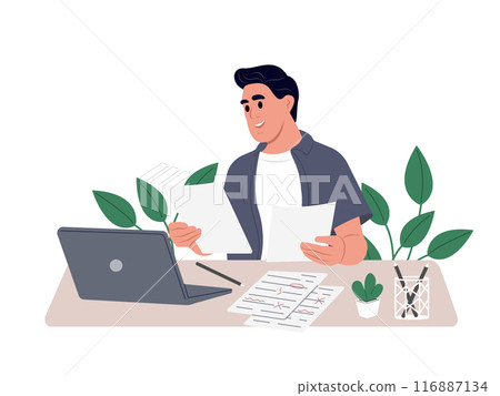 Editing documents. Editor checking texts, correcting writing and spelling errors. Vector illustration. Editing documents. Editor checking texts, correcting writing and spelling errors. Vector illustration. 116887134