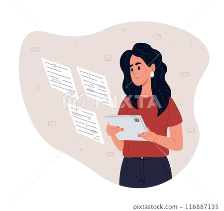 Editor checking texts, correcting writing and spelling errors using a tablet. Editing documents. Vector illustration. Editor checking texts, correcting writing and spelling errors using a tablet. Editing documents. Vector illustration. 116887135