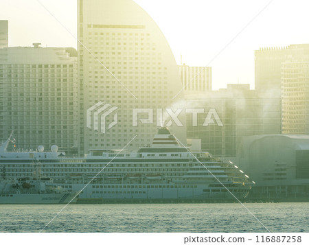 Cruise ship anchored at Yokohama Port and Minato Mirai buildings / Yokohama, Japan Cruise ship anchored at Yokohama Port and Minato Mirai buildings / Yokohama, Japan 116887258