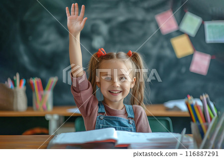 schoolgirl pulls her hand up 116887291