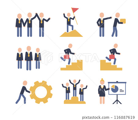 Business people icon pictograms. Leadership training, meeting and corporate career. Modern simple style pictogram concept. Color characters set. Simple material design for web and website. Business people icon pictograms. Leadership training, meeting and corporate career. Modern simple style pictogram concept. Color characters set. Simple material design for web and website. 116887619