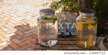 Summer drinks on bar outdoor wedding party and event banner with copy space 116887722