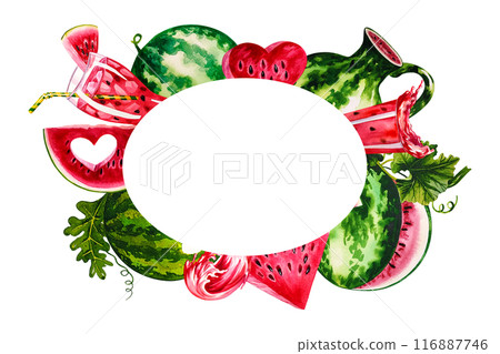 Watermelon. The frame is oval with the image of watermelons. Handmade watercolor illustration. For packaging and banners. For textiles and stickers, menus and posters, for flyers, postcards and label Watermelon. The frame is oval with the image of watermelons. Handmade watercolor illustration. For packaging and banners. For textiles and stickers, menus and posters, for flyers, postcards and label 116887746