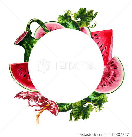 Watermelon. The frame is round with the image of watermelons. Handmade watercolor illustration. For packaging and banners. For textiles and stickers, menus and posters, for flyers, postcard and label. 116887747