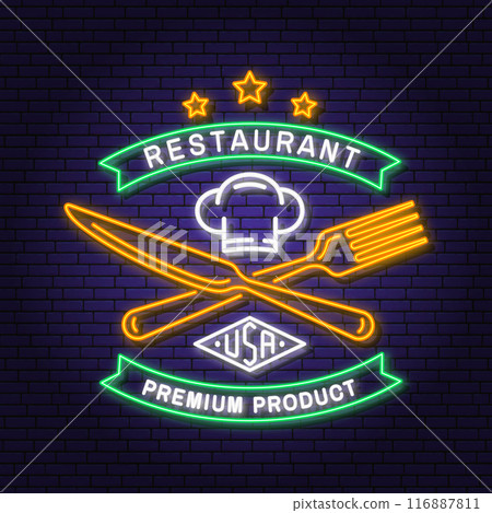 Royal Restaurant shop, menu logo. Vector. Neon glowing sign with chef hat, fork and knife. Cooking, cuisine logo for menu restaurant or cafe. Royal Restaurant shop, menu logo. Vector. Neon glowing sign with chef hat, fork and knife. Cooking, cuisine logo for menu restaurant or cafe. 116887811