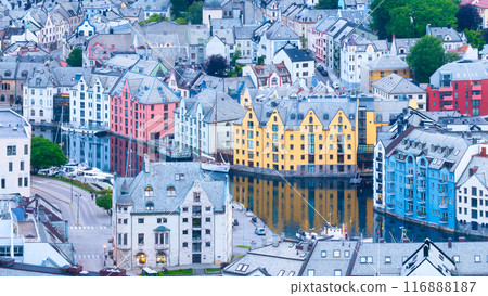 Aalesund, Norway. North. Panoramic view of the city. Old buildings in the city center. Aalesund, Norway. North. Panoramic view of the city. Old buildings in the city center. 116888187