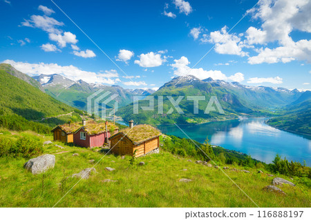 Nature in fjords. Rakssetra, Norway. Panoramic view. Traveling on a Norwegian fjord. Scandinavia. 116888197